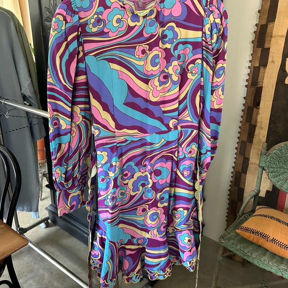 CeliaB Size S Multicolor Swirl Mini Dress Pink Purple Blue Long Sleeves Belted